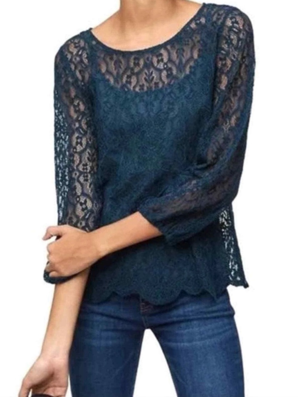 LOFT Sheer Floral Lace 3/4 Sleeve Scallop Hem Pullover Blouse-Teal Blue-Women XL